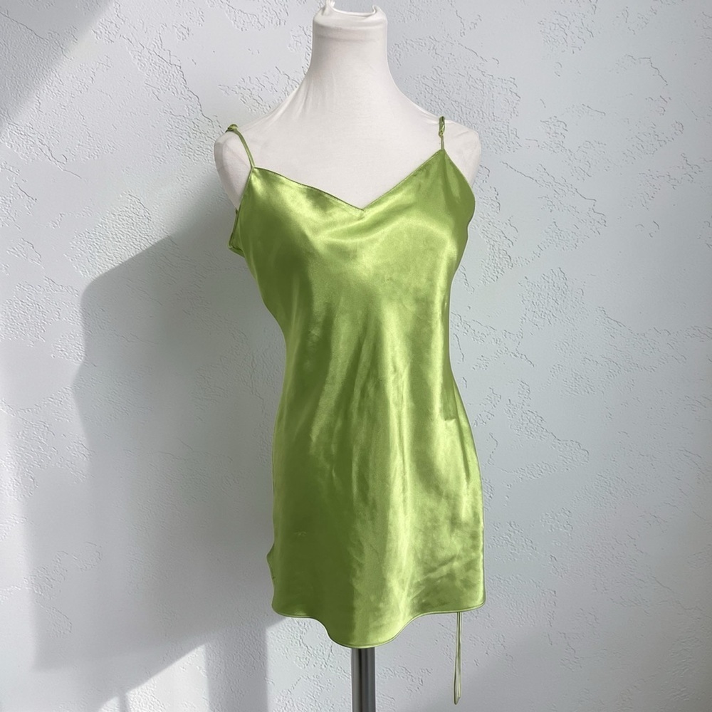 Vintage Chartreuse Satin Slip Dress Y2K Fairycore Bias Cut Mini M